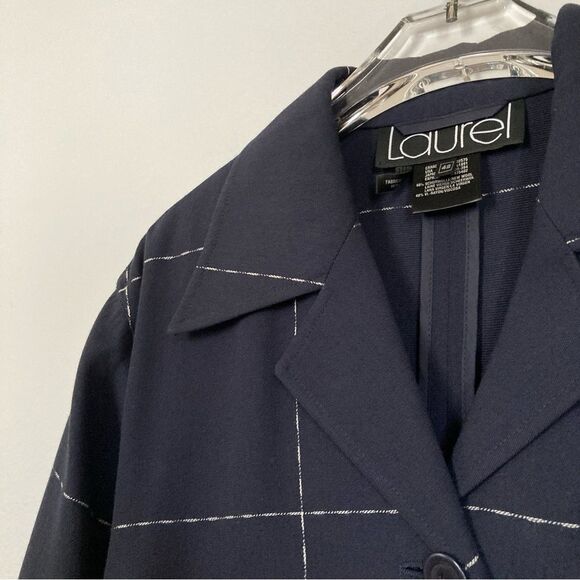 Laurel by Escada Blazer Women 42 Wool Blend Navy‎ Blue Windowpane Plaid Jacket - Picture 2 of 10